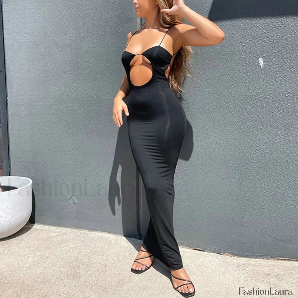 Cutout Slim Fit Suspender Maxi Dress Black / S