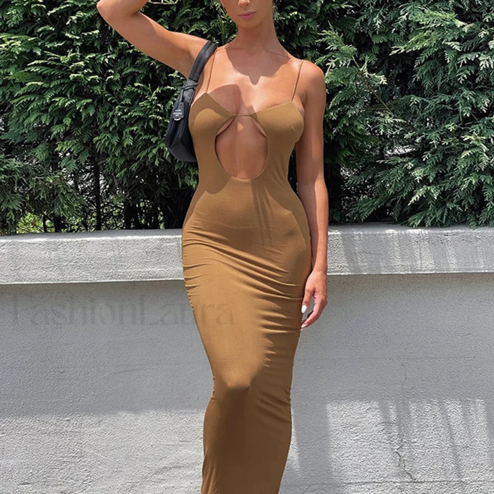 Cutout Slim Fit Suspender Maxi Dress Khaki / S