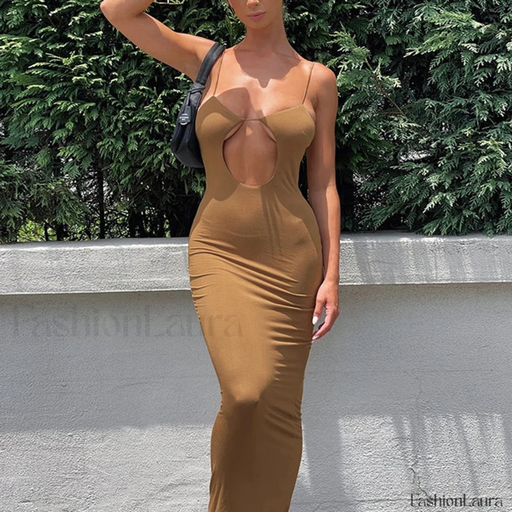 Cutout Slim Fit Suspender Maxi Dress Khaki / S