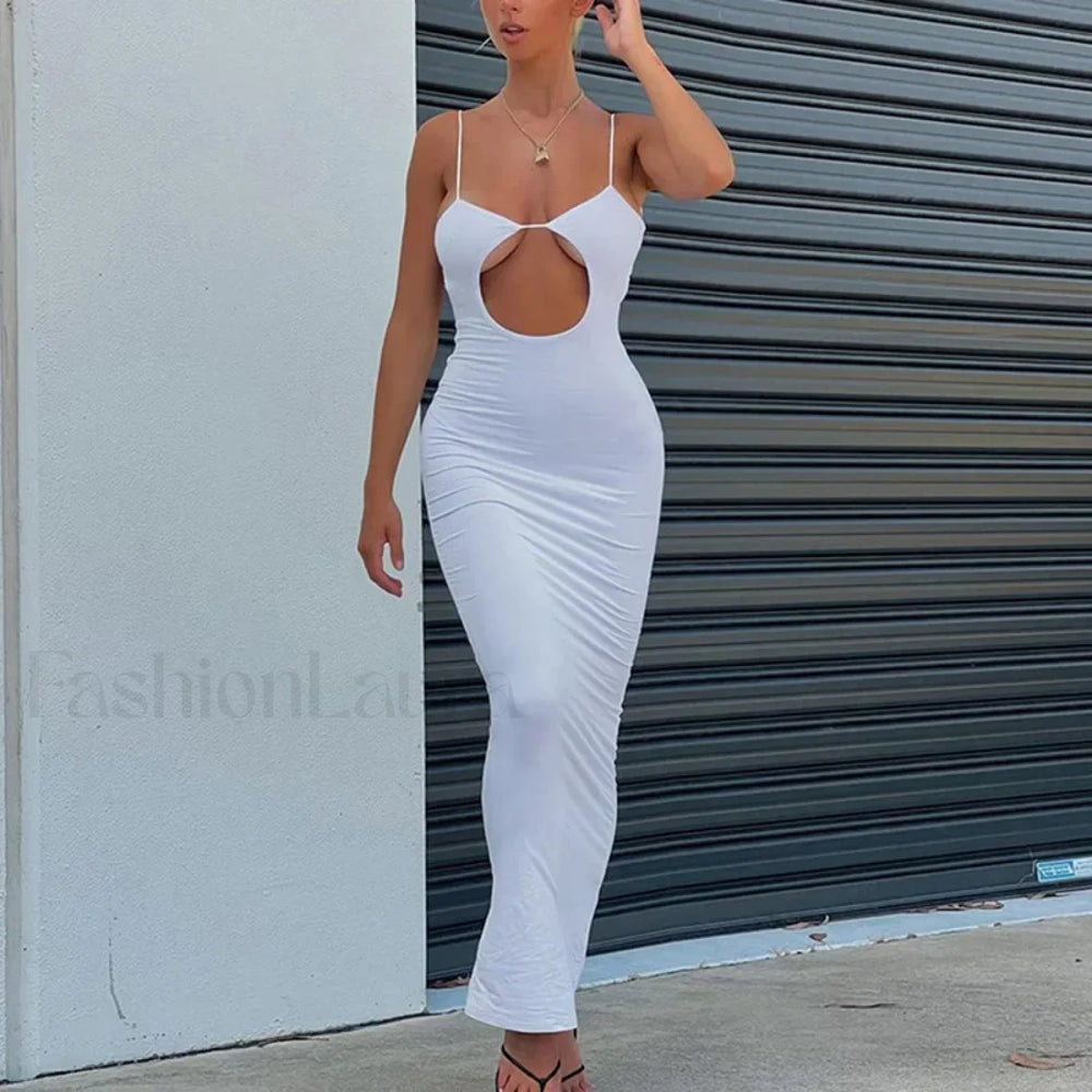 Cutout Slim Fit Suspender Maxi Dress WHITE / S
