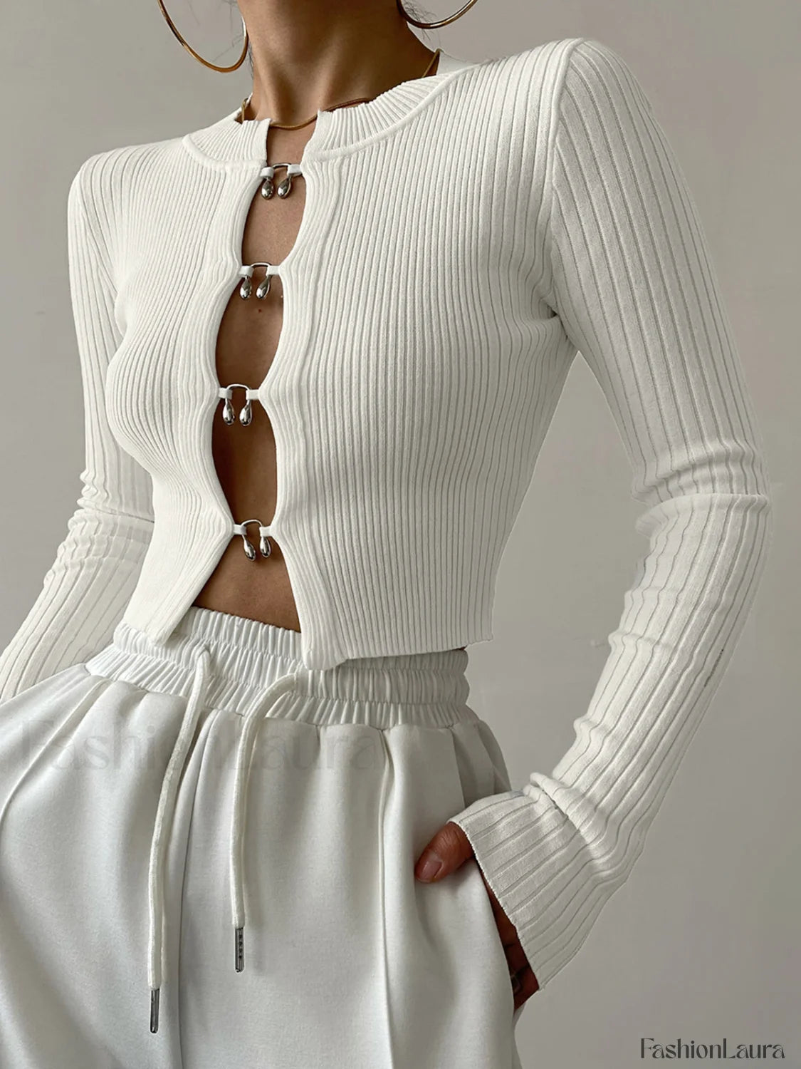 Cutout Split Beads Detail Ribbed Knit Top White / XS Knit Tops Main image