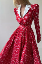 Contrast Collar Long Sleeve A Line Floral Dress