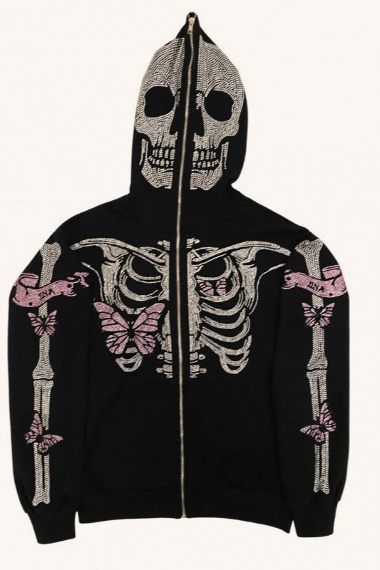 Gothic Skull Skeleton Full Face Zip-Up Hoodie
