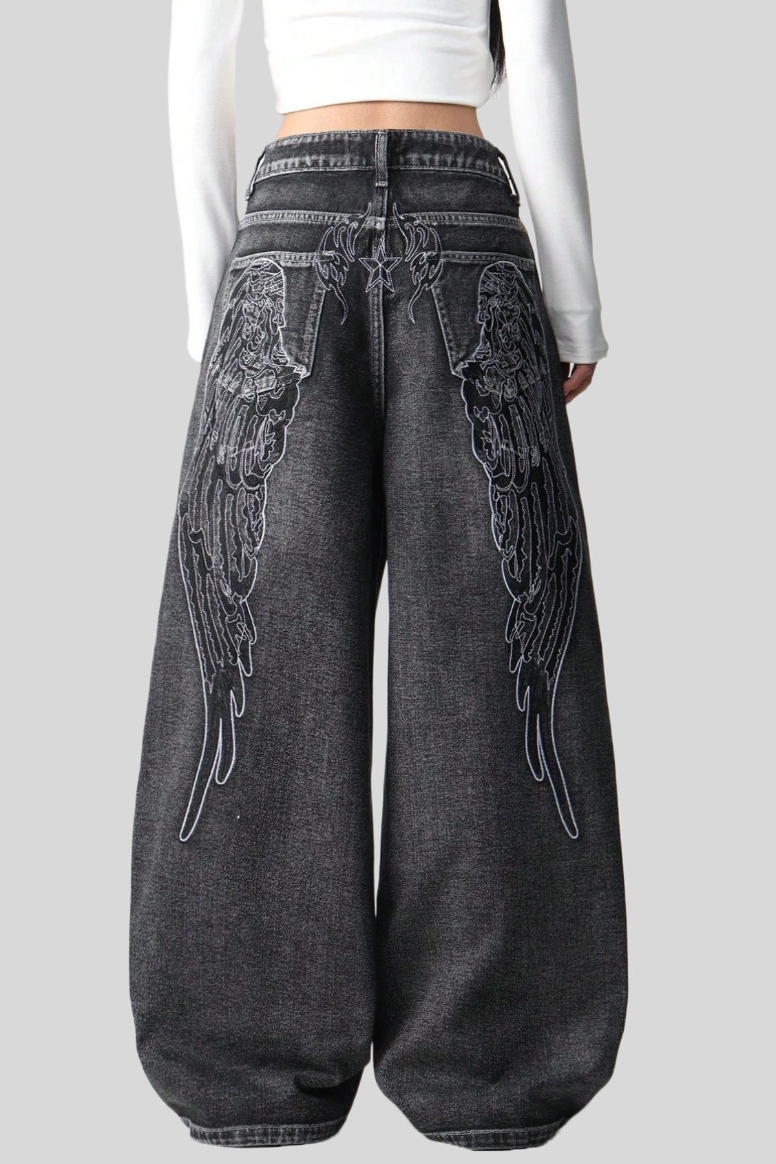 Wing Embroidered Baggy Wide Leg Jeans