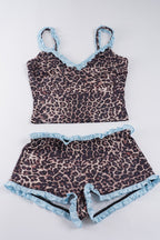 Leopard Print Lace Trim Cami Shorts Set