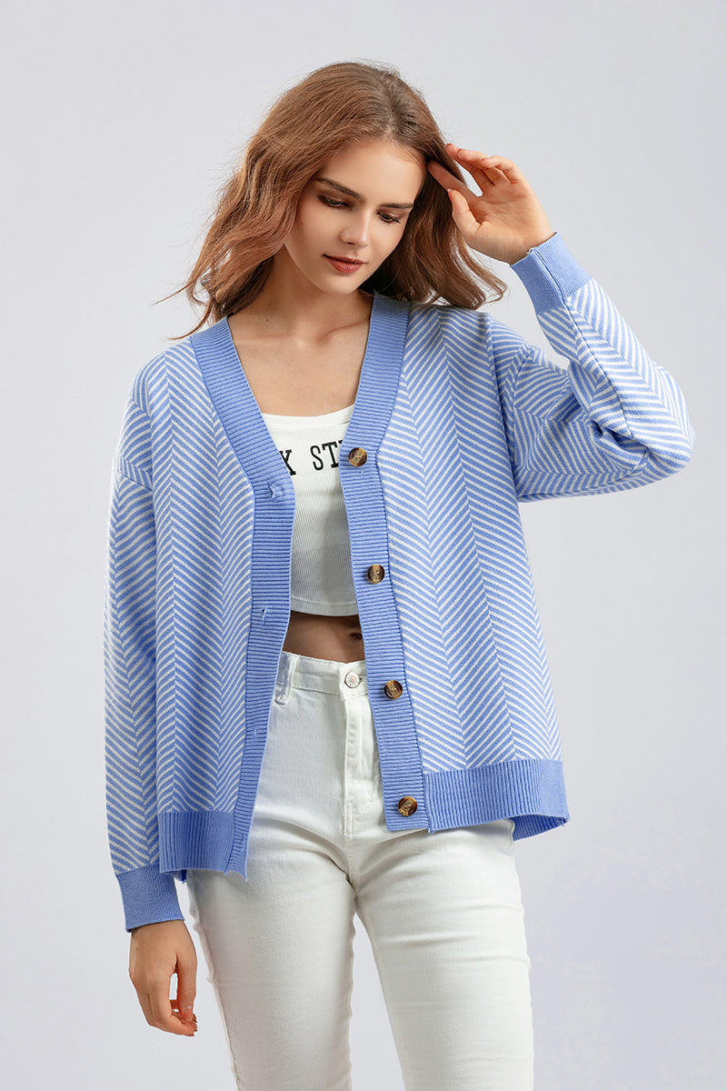 Striped V Neck Buttoned Knit Sweater One Size / Blue