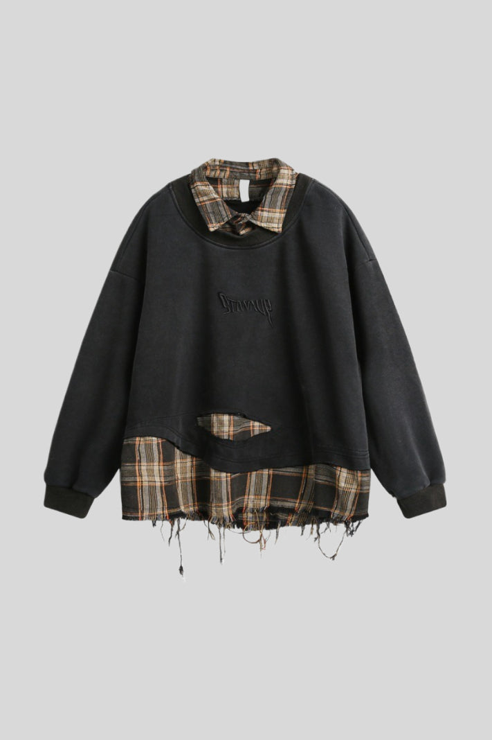 Distressed Plaid Layered Polo Collar Oversized Sweatshirt