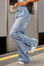 Side Button High Rise Loose Wide Leg Jeans