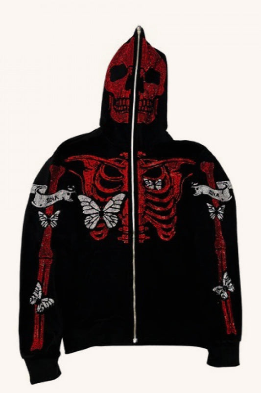 Gothic Skull Skeleton Full Face Zip-Up Hoodie