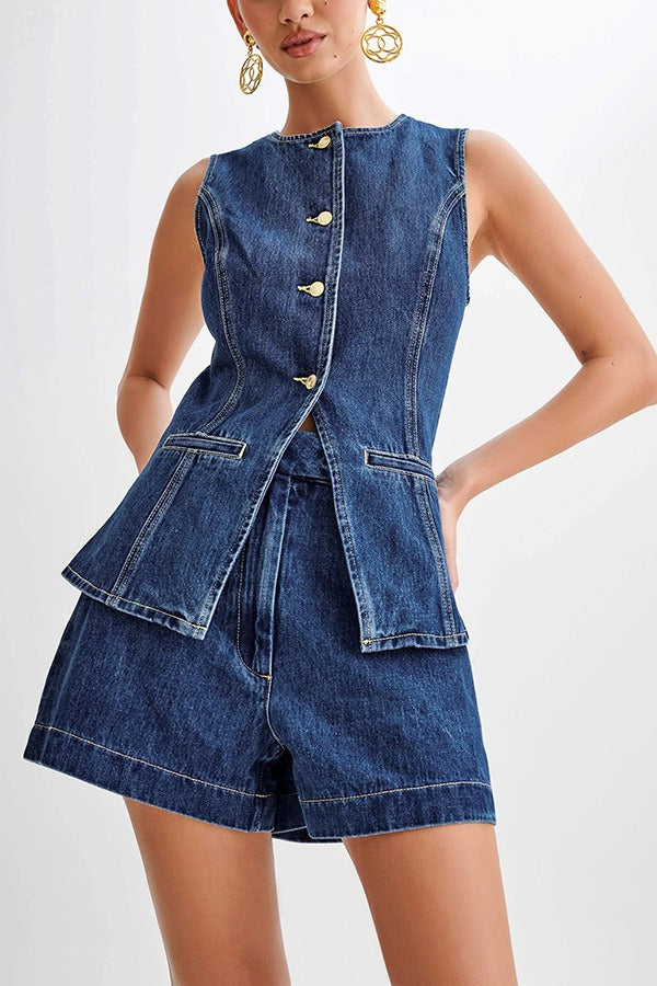 Casual High Waist Vest Denim Shorts Set Secondary image