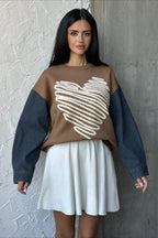 Heart Pattern Crewneck Denim Sweater