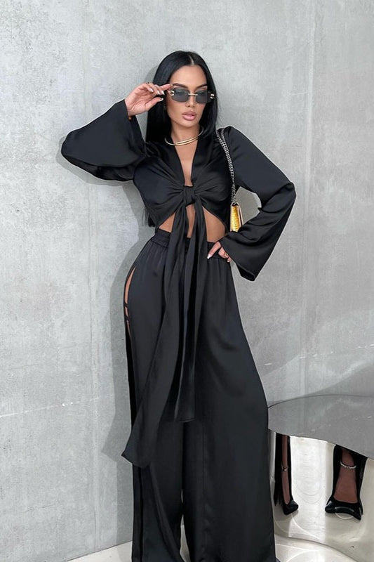 Tie Front Crop Top Split Hem Pants Set Secondary image