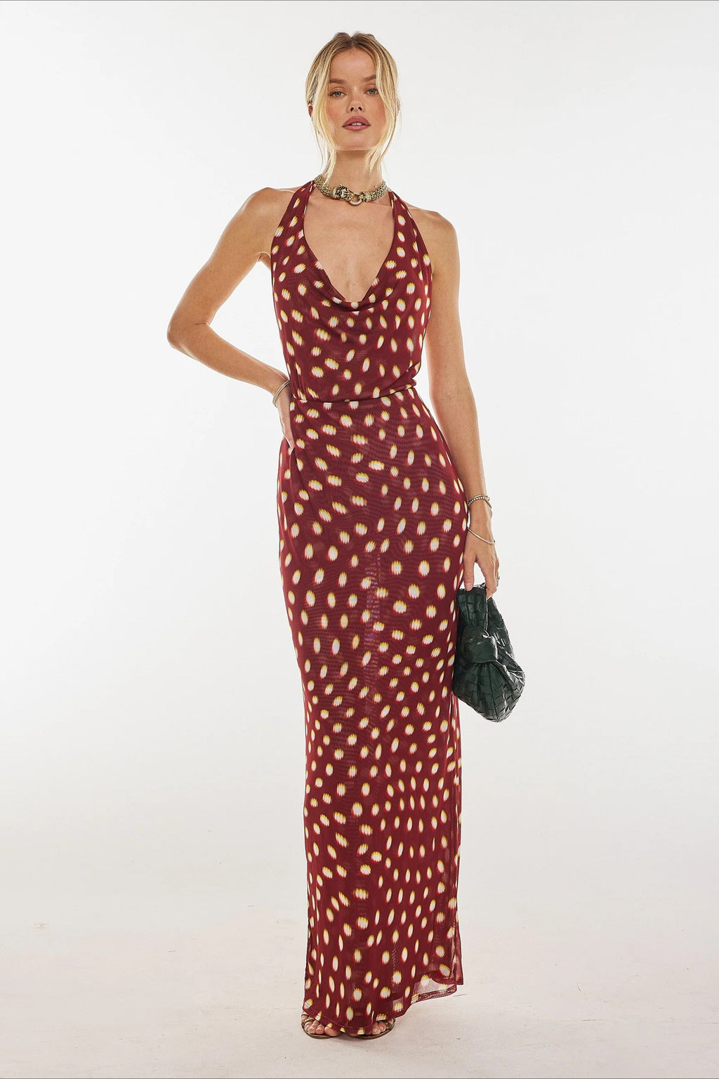 Red Polka Dot Halter Waist Cinched Maxi Dress
