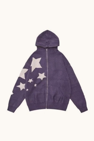 Star Pattern Vintage Knit Zip Up Hoodie