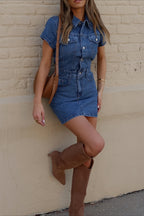 Denim Notched Collar Button Front Shirt Mini Dress