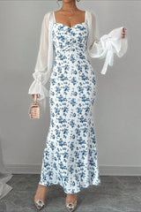 Chiffon Knit Patchwork V Neck Bodycon Floral Dress