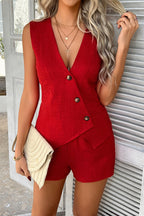 Solid Casual Button Up Vest Shorts Set
