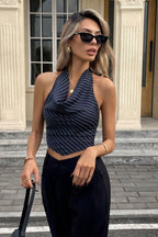 Elegant Stripe Halter Sleeveless Backless Draped Halter Top
