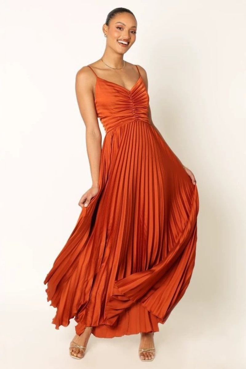 Pleated Satin Spaghetti Strap Formal Dress
