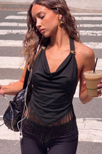 Cowl Neck Metal Accent Fringe Hem Halter Top