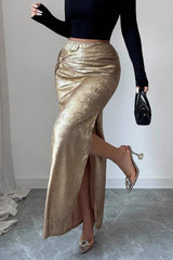 Metallic Ruched Slit Bodycon Pencil Skirt