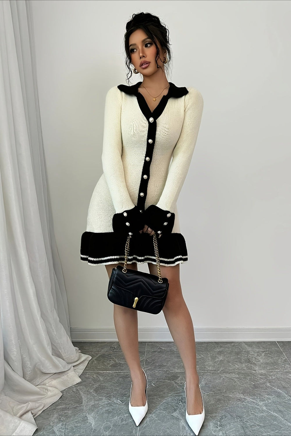 Long Sleeve Ruffle Sweater Dress S / Beige