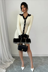 Long Sleeve Ruffle Sweater Dress S / Beige