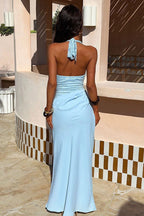 Lace Halter Ruched Satin Formal Dress