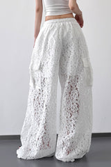 White Lace Cutout Casual Wide Leg Pants