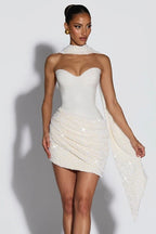 Sequin Draped Scarf Strapless Cocktail Dress
