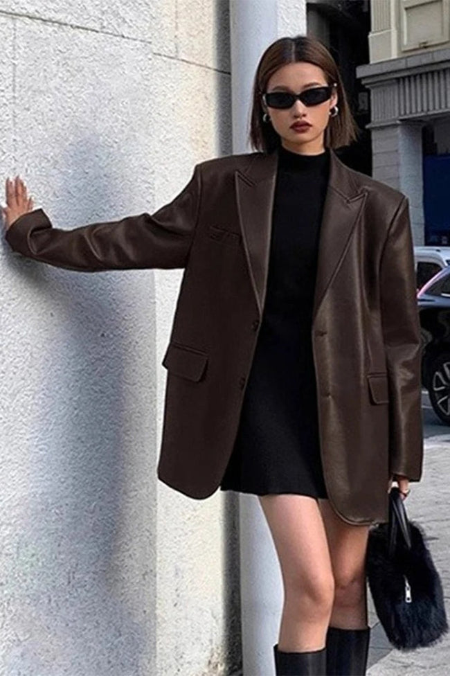 Black PU Leather Blazer Jacket Brown / XS coats Main image
