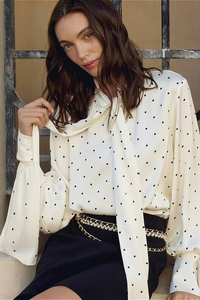 Polka Dot Tie Waist Slim Blouse Secondary image
