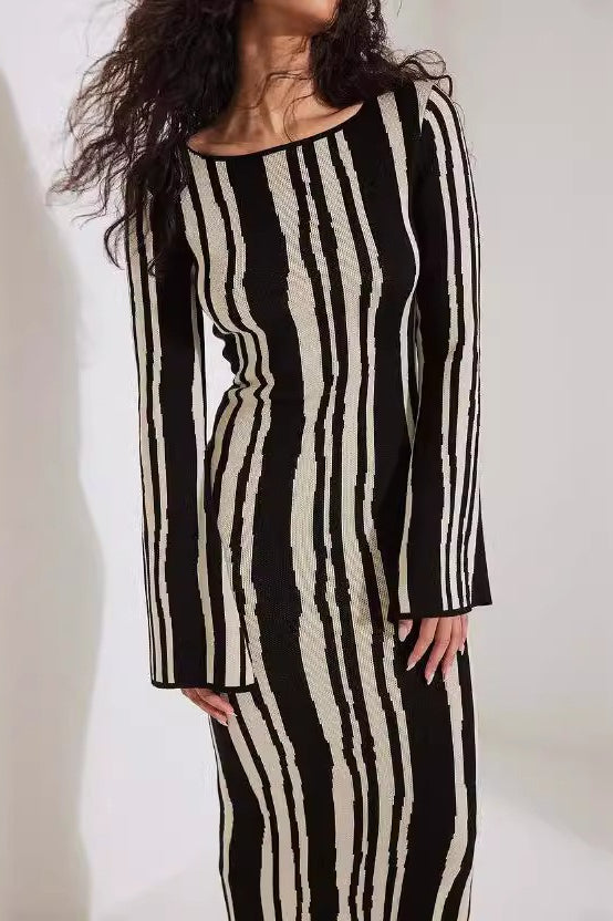 Striped Contrast Slim Knit Sweater Dress Stripe / One Size Main image