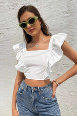 Backless Tie Ruffle Sleeve Sweet Square Neck Crop Top
