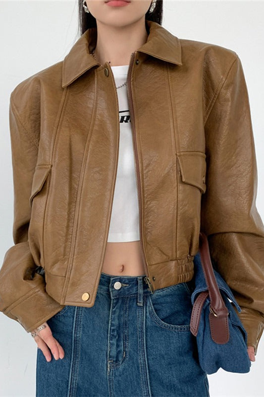 Short PU Leather Notch Lapel Jacket Secondary image