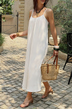 White Textured Ruched Resort Midi Dress