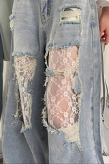 Lace Patchwork Ripped Loose Jeans