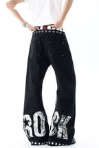 Rock Typography Stud Double Waist Jeans