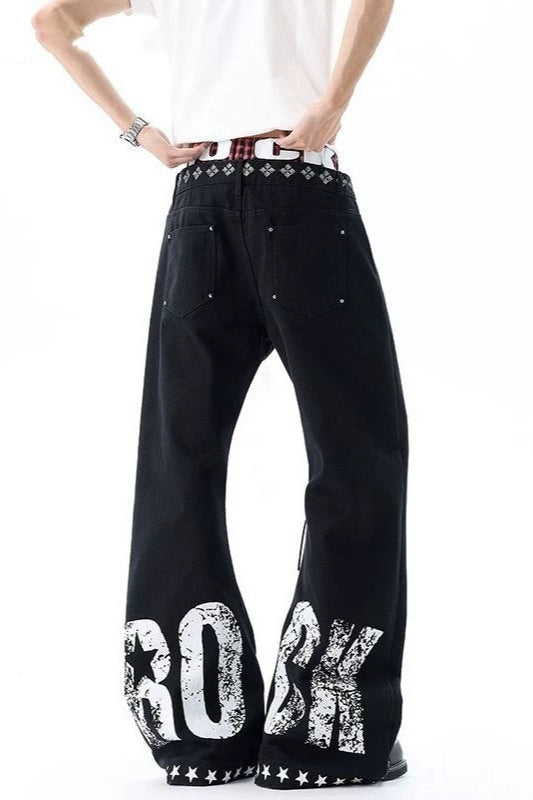 Rock Typography Stud Double Waist Jeans