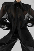 Sheer Mesh Long Sleeve Shoulder Pad Blouse
