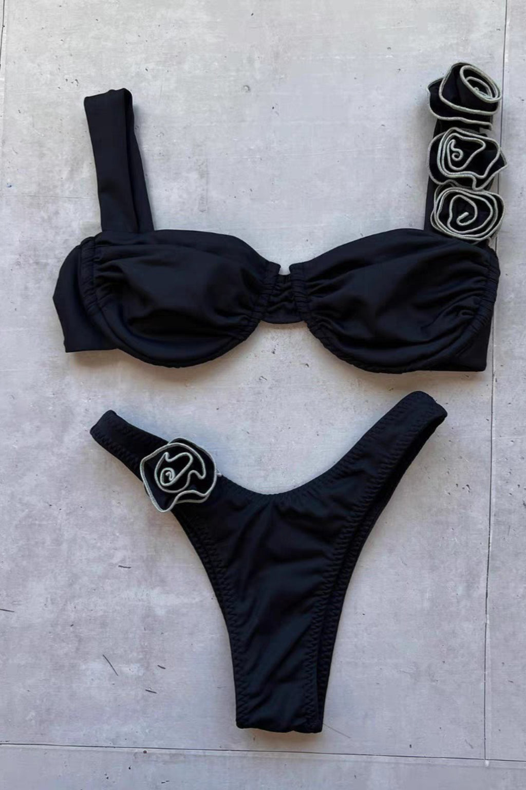 3D Flower Off Shoulder Strap Bikini Set