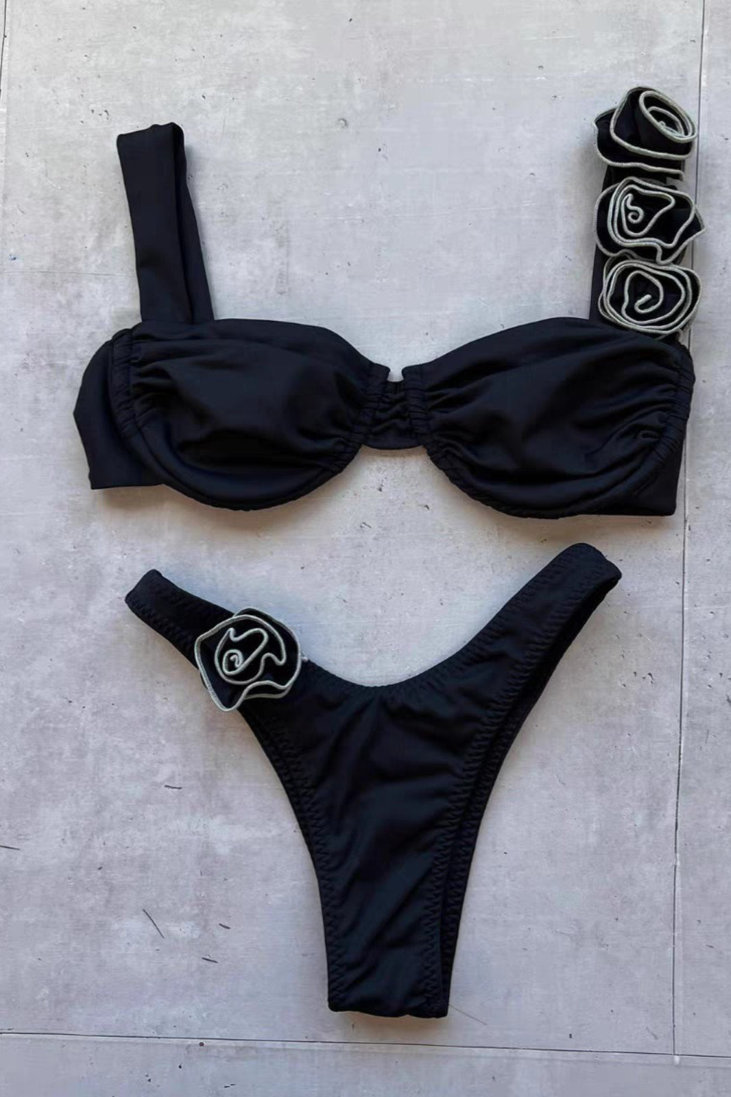 3D Flower Off Shoulder Strap Bikini Set
