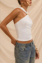 Backless Metal Trim Halter Halter Top