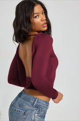 Solid Color Fitted Open Back Sexy Long Sleeve Tee