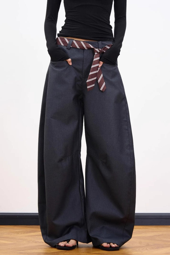 Casual Belt Detail Curved Wide Leg Pants Main image