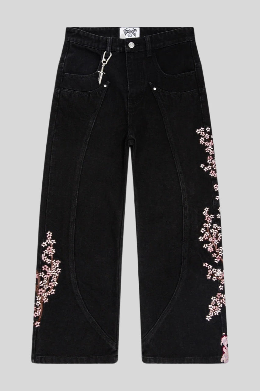 Samurai Blossom Embroidered Wide Leg Jeans