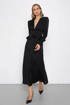 Deep V Neck Waist Cinched Ruffle Hem Shoulder Pad Blouse