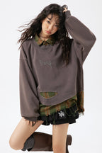 Distressed Plaid Layered Polo Collar Oversized Sweatshirt