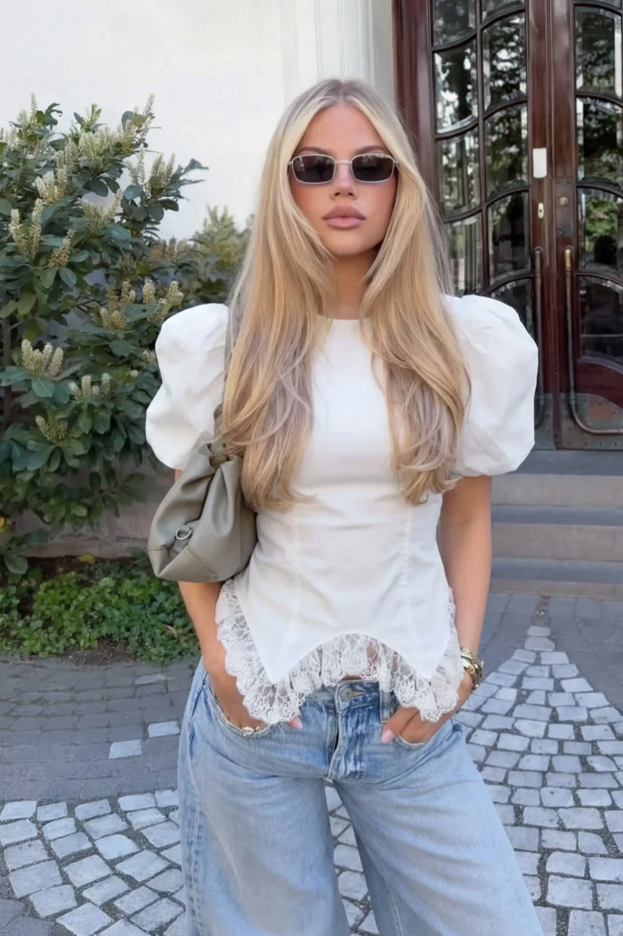 White Lace Trim Ruched Waist Puff Sleeve Blouse