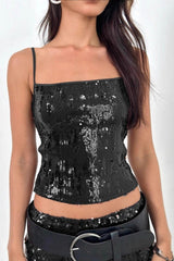 Sequin Low Cut Spaghetti Strap Crop Top